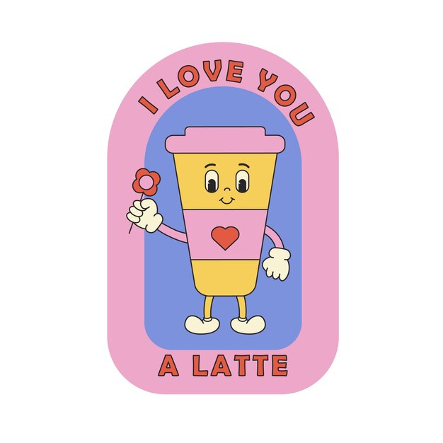 벡터 귀여운 만화 스티커 groovy funny coffee character love concept valentines day i love you a latte vector 일러스트레이션 in retro style