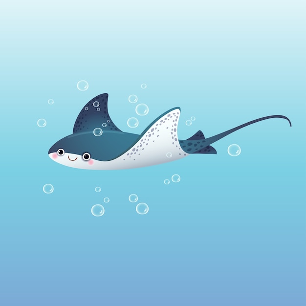 cute cartoon stingray swimming in the deep blue sea.