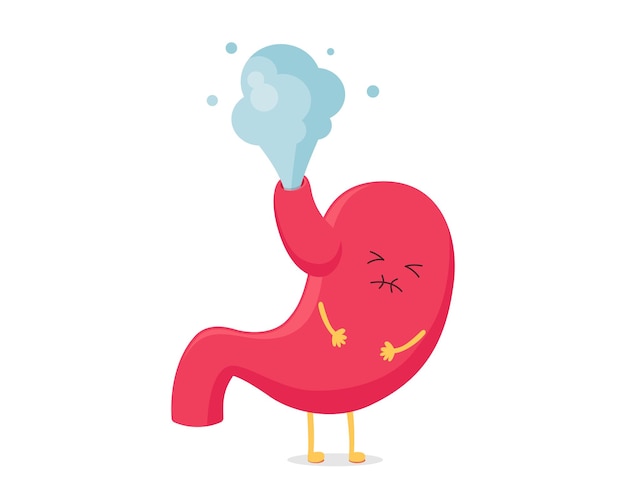 Cute cartoon stomach character fart digestive system bloating vector organ mascot unhealthy sick