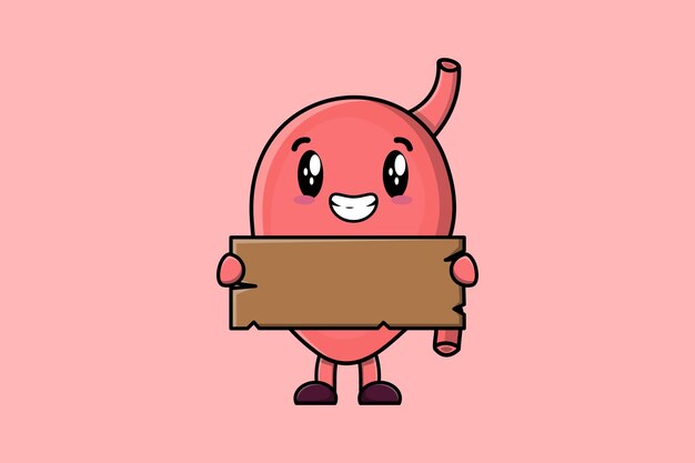 Cute cartoon stomach character holding blank wooden text board vector icon illustration