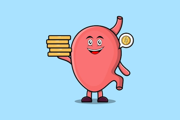 Cute cartoon Stomach character holding in stacked gold coin vector illustration