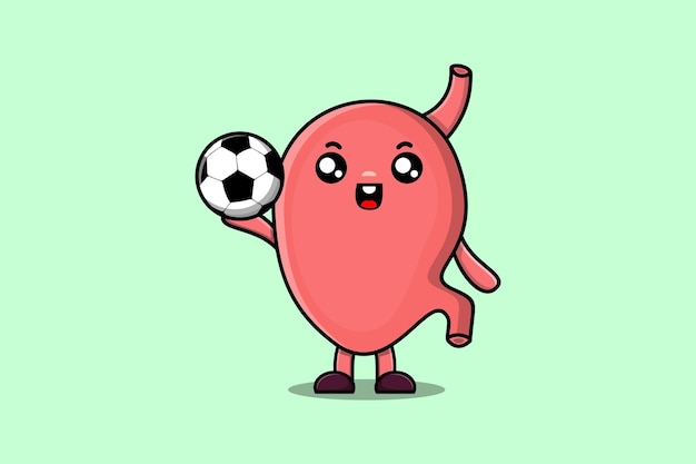 Симпатичный мультяшный персонаж желудка, играющий в футбол в плоском мультяшном стиле иллюстрации