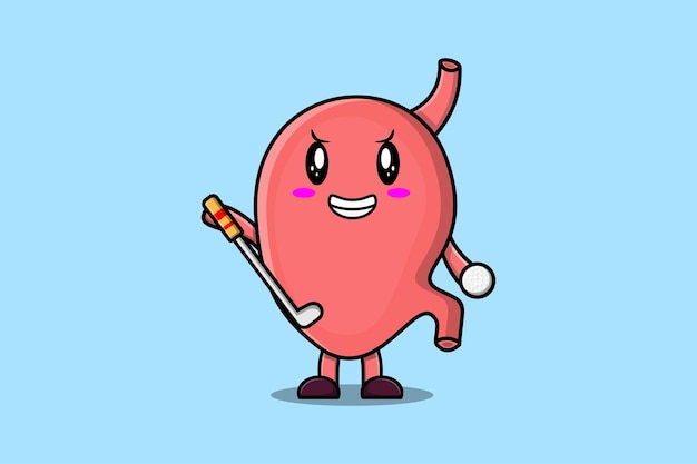 cute cartoon stomach character playing golf in concept flat cartoon style illustration