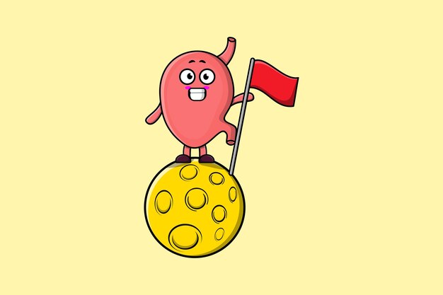 Cute cartoon Stomach character standing on the moon with flag in 3d modern design illustration