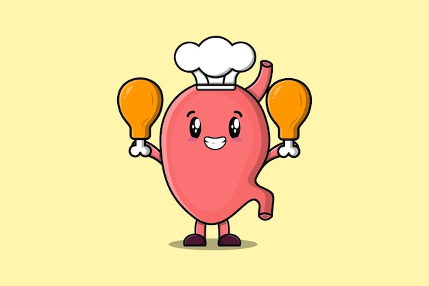 Cute cartoon Stomach chef character holding two chicken thighs in flat cartoon style illustration