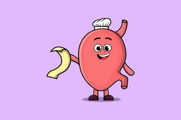 Personaggio simpatico cartone animato stomaco chef con menu in mano stile carino illustrazione design