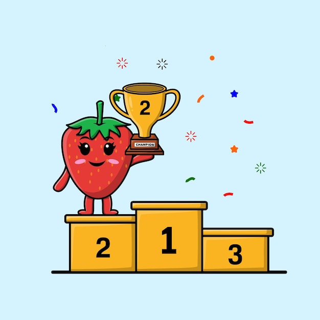 フラットなモダン スタイルのデザインで幸せな表情で 2 番目の勝者としてかわいい漫画イチゴ