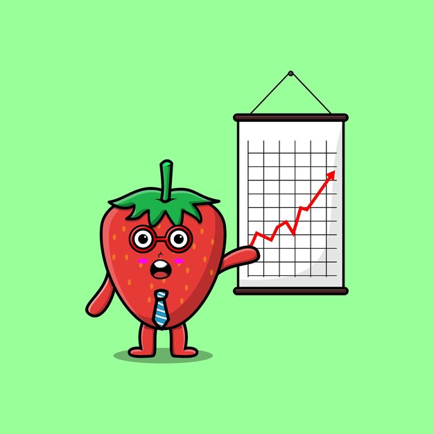 Cute cartoon strawberry businessman present information in flat modern style design