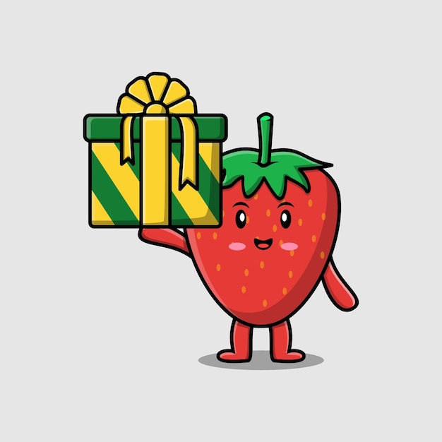 Cute cartoon strawberry character holding gift box in vector icon illustration