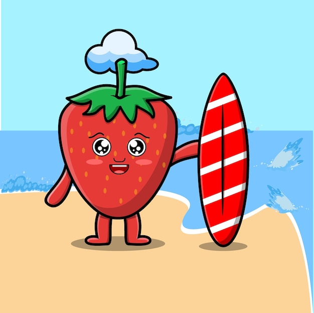 Cute cartoon strawberry character playing surfing with surfing board in flat cartoon illustration