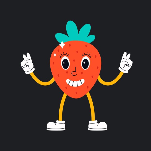 Cute cartoon strawberry character in retro style hippie psychedelic retro and vintage style