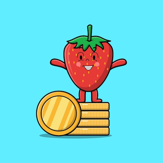 Cute cartoon strawberry character standing in stacked gold coin vector illustration in concept flat