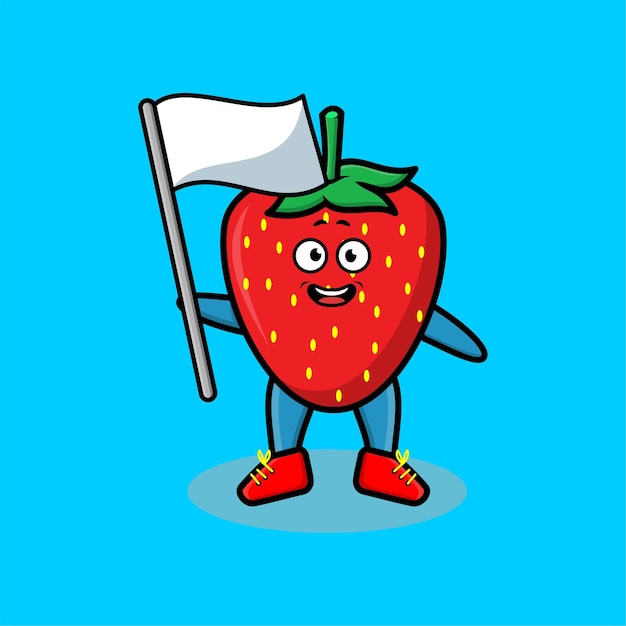 Simpatico personaggio della mascotte della fragola del fumetto con la bandiera bianca nel design moderno per l'adesivo della maglietta ecc