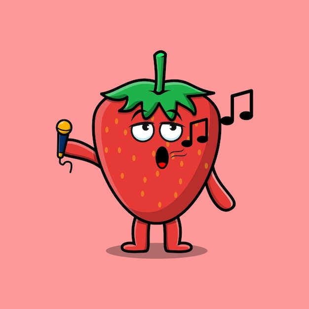 Cute cartoon strawberry singer character holding mic in flat modern style design