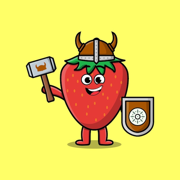 Cute cartoon Strawberry viking pirate hold hammer