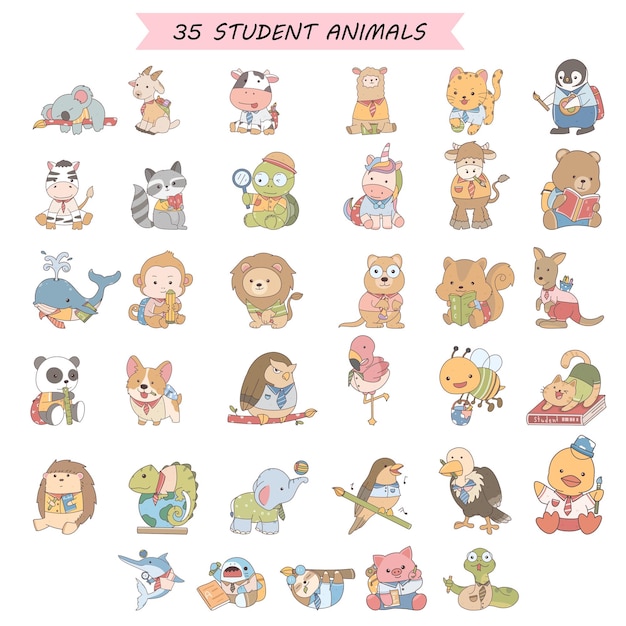 연필과 종이를 들고 학교로 돌아가는 귀여운 만화 학생 동물