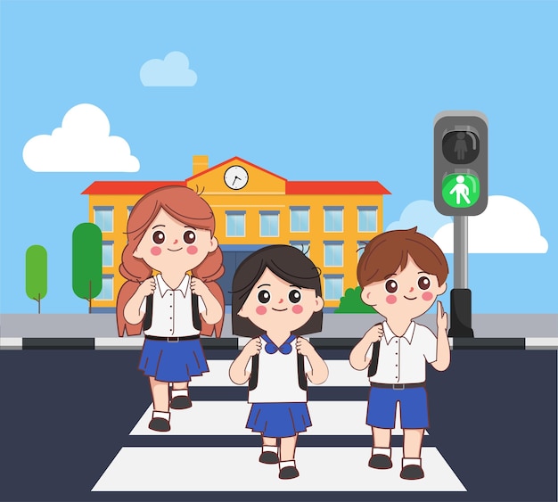 横断歩道の背景の学校を横断するかわいい漫画の学生