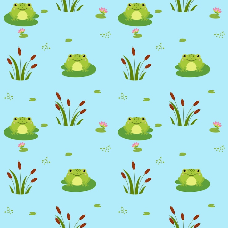 Vector cute cartoon style frog on a green leaf with flowers seamless