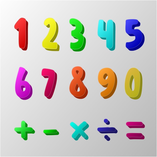 귀여운 만화 스타일 숫자, 더하기, 빼기, 곱하기 등이 포함된 123개의 다채로운 벡터 아트웍