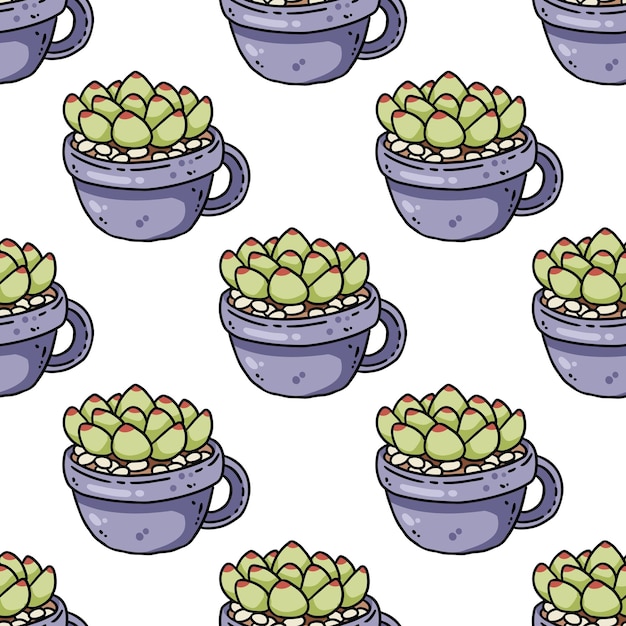 Cute cartoon succulent plants doodles seamless border pattern Potted plant vector repeatable background texture tile Cozy template of stock print for wrapping design wallpaper