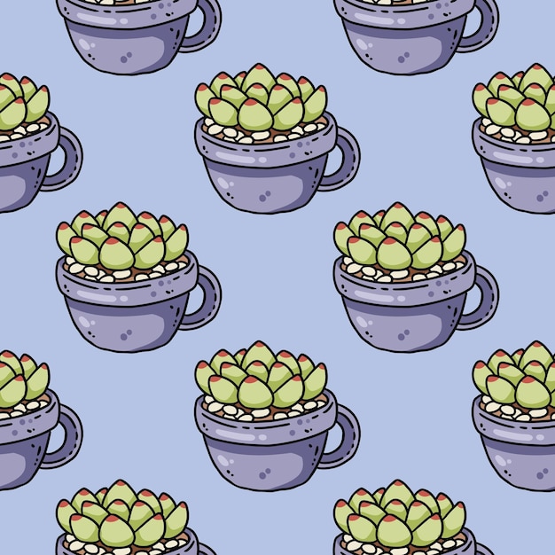 Cute cartoon succulent plants doodles seamless border pattern Potted plant vector repeatable background texture tile Cozy template of stock print for wrapping design wallpaper