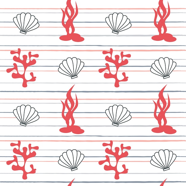 Cute cartoon summer marine striped seamless pattern background illustration with seashell and coral