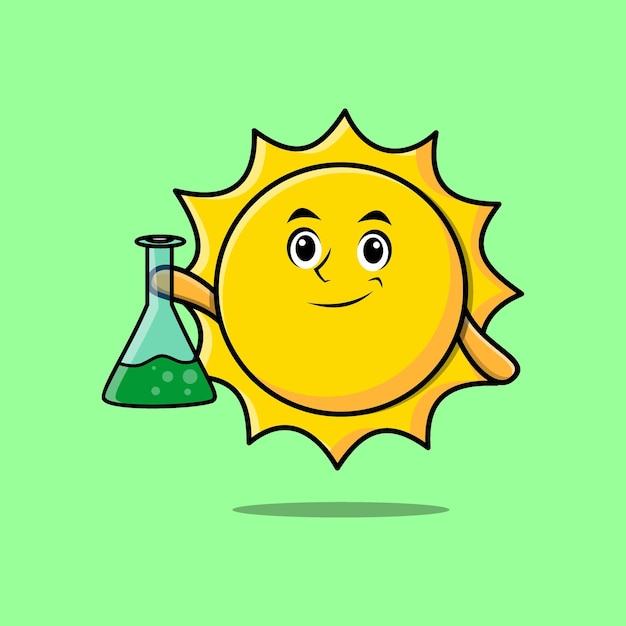 Cute cartoon sun as scientist with chemical glass