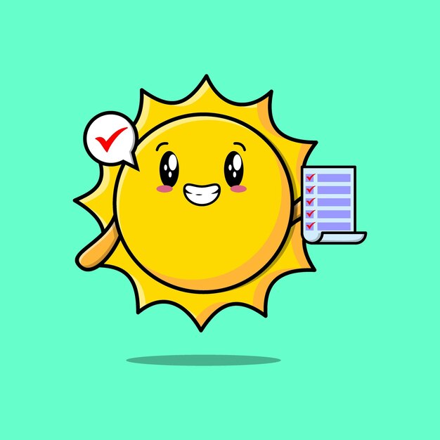 Cute cartoon sun character holding checklist note