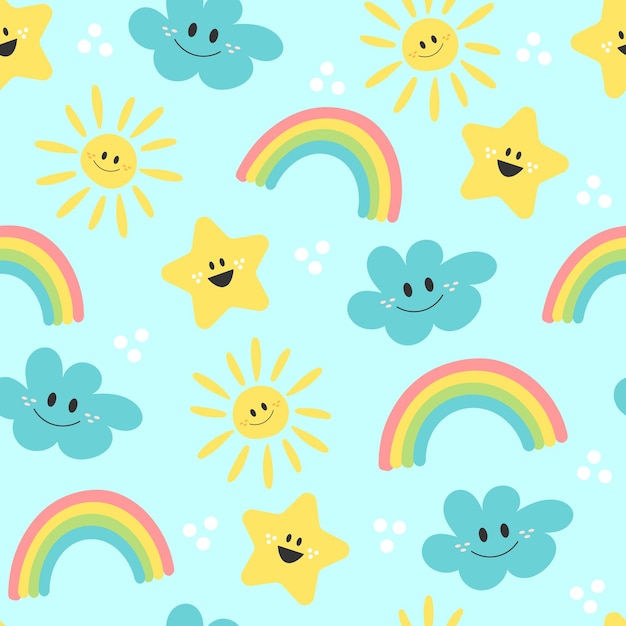 Cute cartoon sun rainbow cloud and star  seamless pattern background