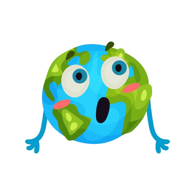 Simpatico cartone animato sorpreso pianeta terra emoji, divertente personaggio globo umanizzato con emozioni colorato vettoriale illustrazione su sfondo bianco