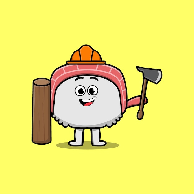 Cute cartoon sushi as carpenter with ax and wood