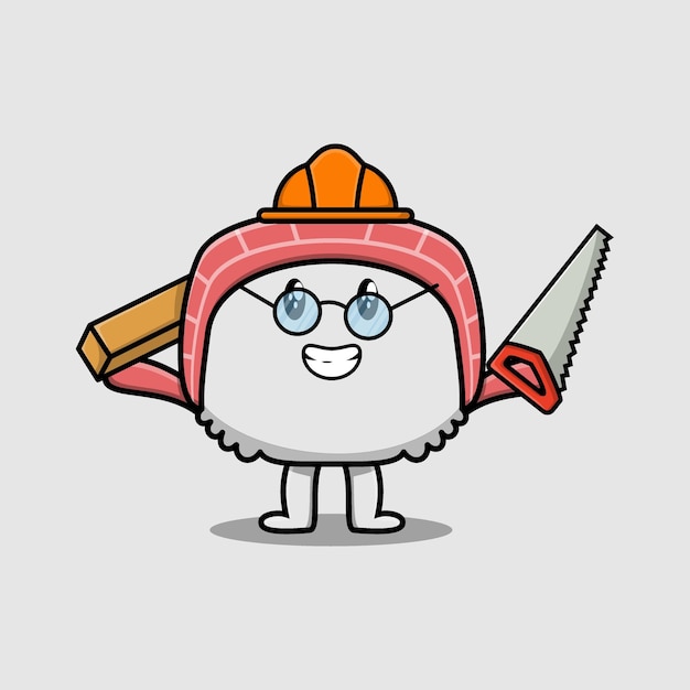 Vector cute cartoon sushi as carpenter with saw and wood