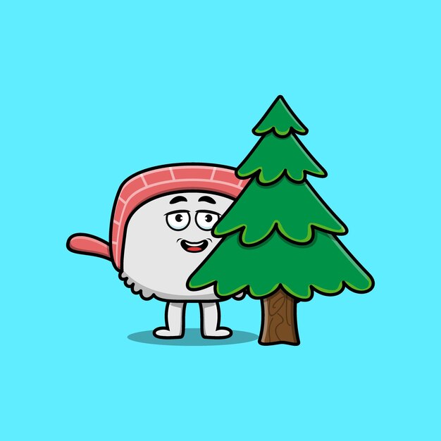 Simpatico cartone animato sushi personaggio nascondendo albero