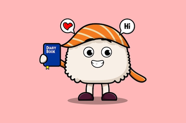 Vector cute cartoon sushi character holding diary book
