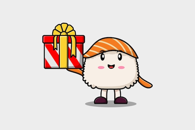 Cute cartoon Sushi character holding gift box