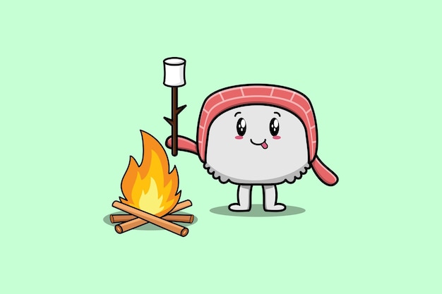 Vector cute cartoon sushi character is burning marshmallow