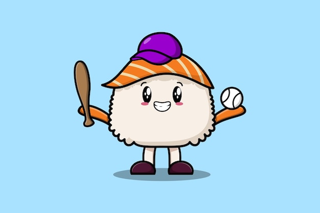 Cute cartoon sushi character playing baseball