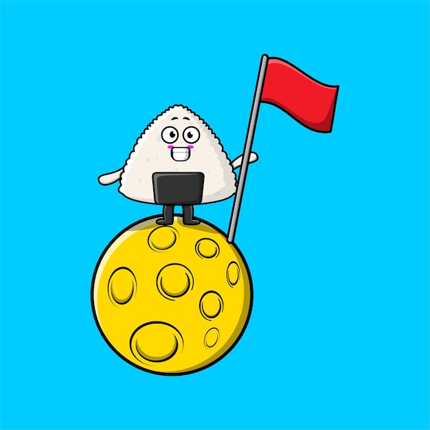 Cute cartoon Sushi character standing on the moon with flag in flat modern design illustration