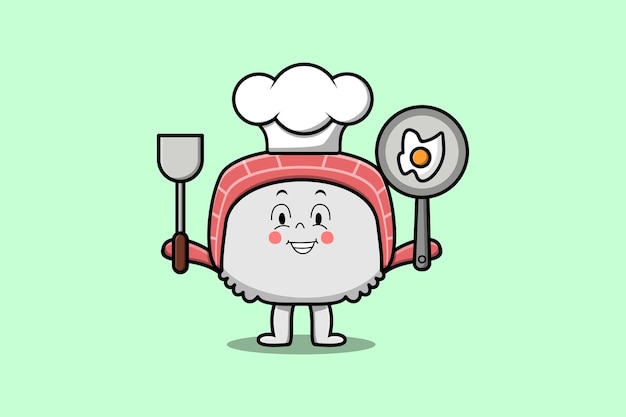 Vettore simpatico personaggio dei cartoni animati sushi chef che tiene padella e spatola in un'illustrazione piatta in stile cartone animato