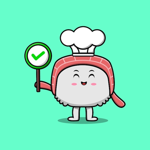 Cute cartoon sushi chef holding correct sign