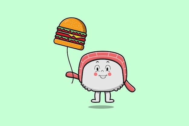 フラット漫画ベクトル アイコン イラストでハンバーガー バルーンと一緒に浮かぶかわいい漫画寿司
