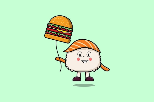 Cute cartoon Sushi floating with burger balloon