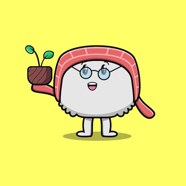 Vector cute cartoon sushi holding plant in a pot