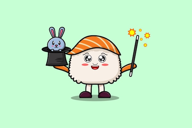 Vector cute cartoon sushi magician with bunny character