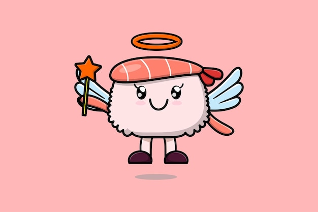 Vector cute cartoon sushi shrimp character in the form of fairy in 3d cartoon style concept