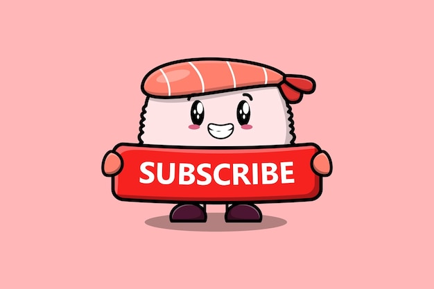 Vector cute cartoon sushi shrimp character holding red subscribe board