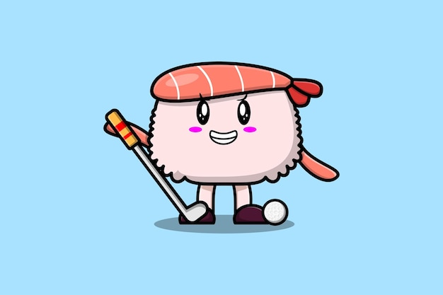 Cute cartoon Sushi shrimp character playing golf