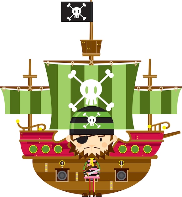 Cute Cartoon Swashbuckling Eyepatch Pirate Character with Jolly Roger Ship