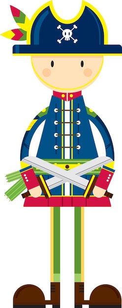 Вектор Симпатичный персонаж мультяшного пирата-капитана со скрещенными мечами
