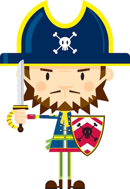 Cute Cartoon Swashbuckling Pirate Captain Holding Sword and Shield